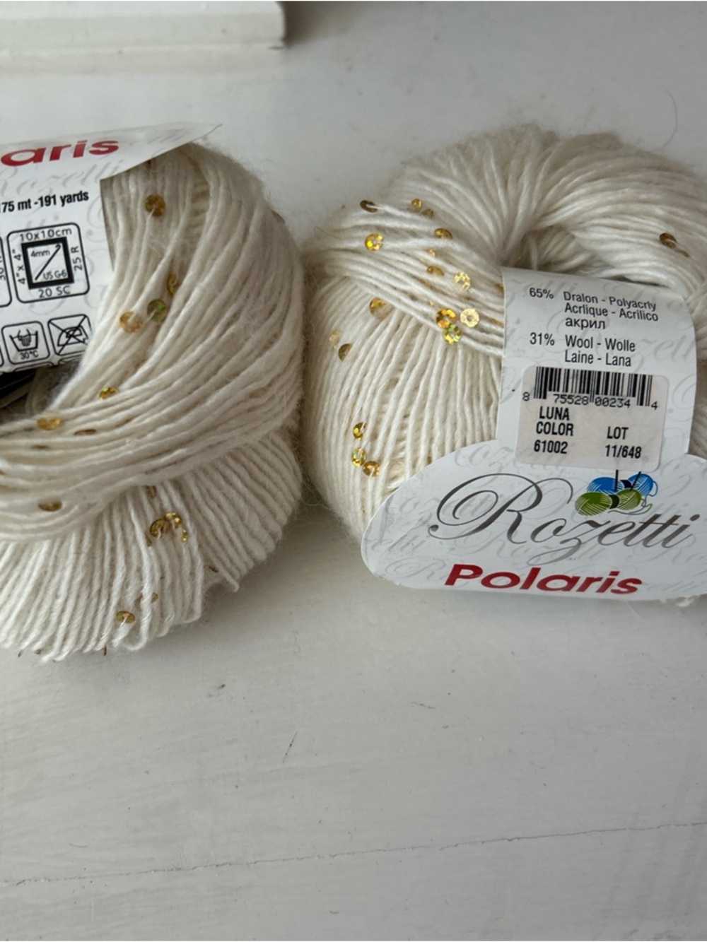Rozetti Polaris Luna Cream Yarn with Gold Sequins Lot of 2
